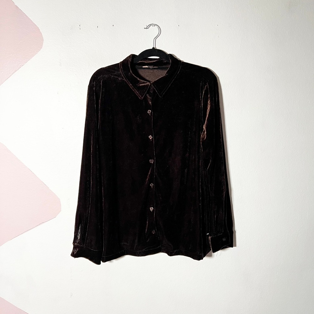 Vintage Brown Velvet Button Shirt Womens XL Long Sleeve 90s Whimsigoth